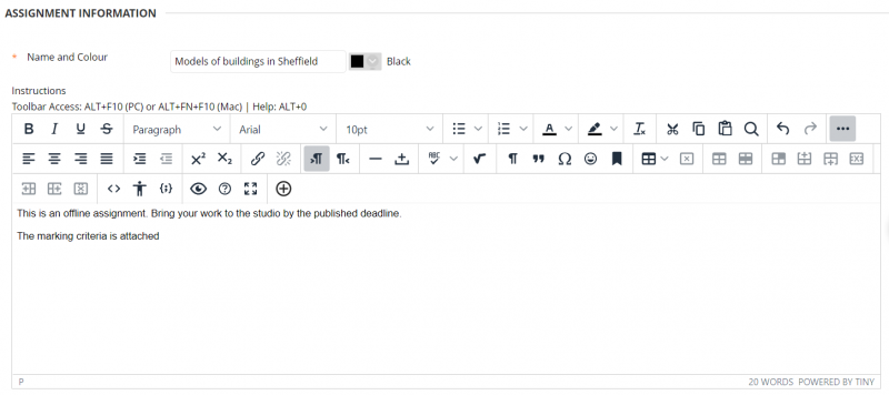 Assignment information editor screenshot